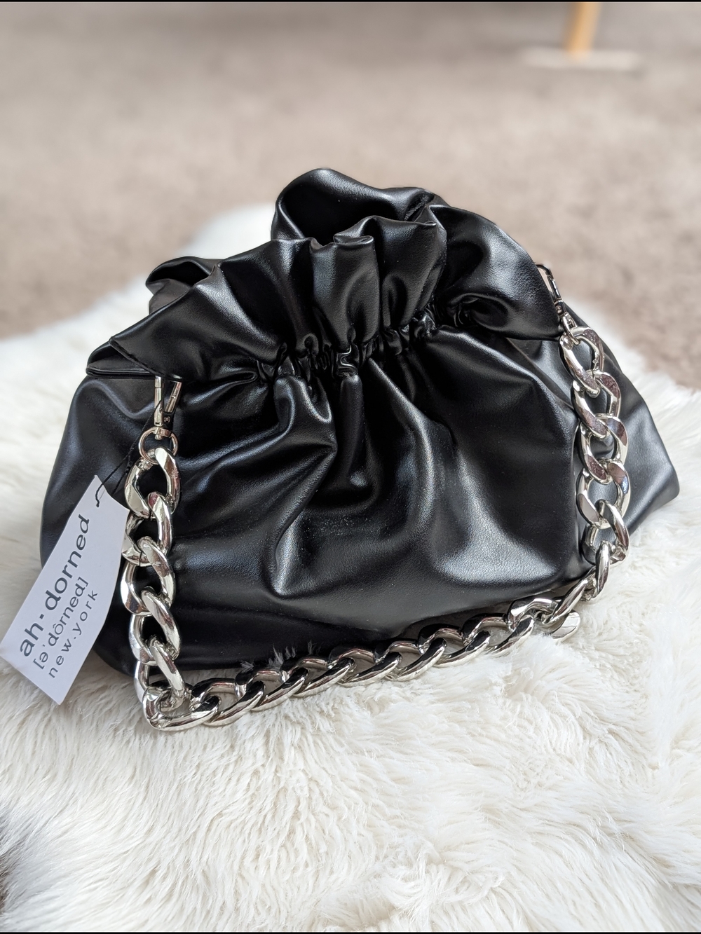 ah-dorned Black Ruched Pouch Bag with Silver Chain/Detachable Shoulder Strap